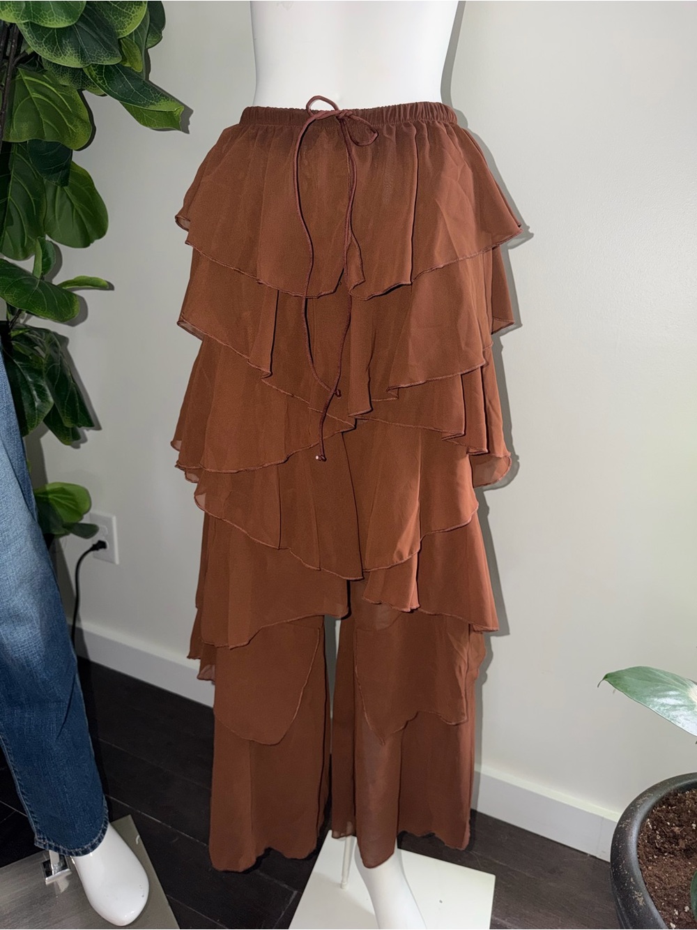 SHEIN Brown Tiered Ruffle Wide-Leg Pants